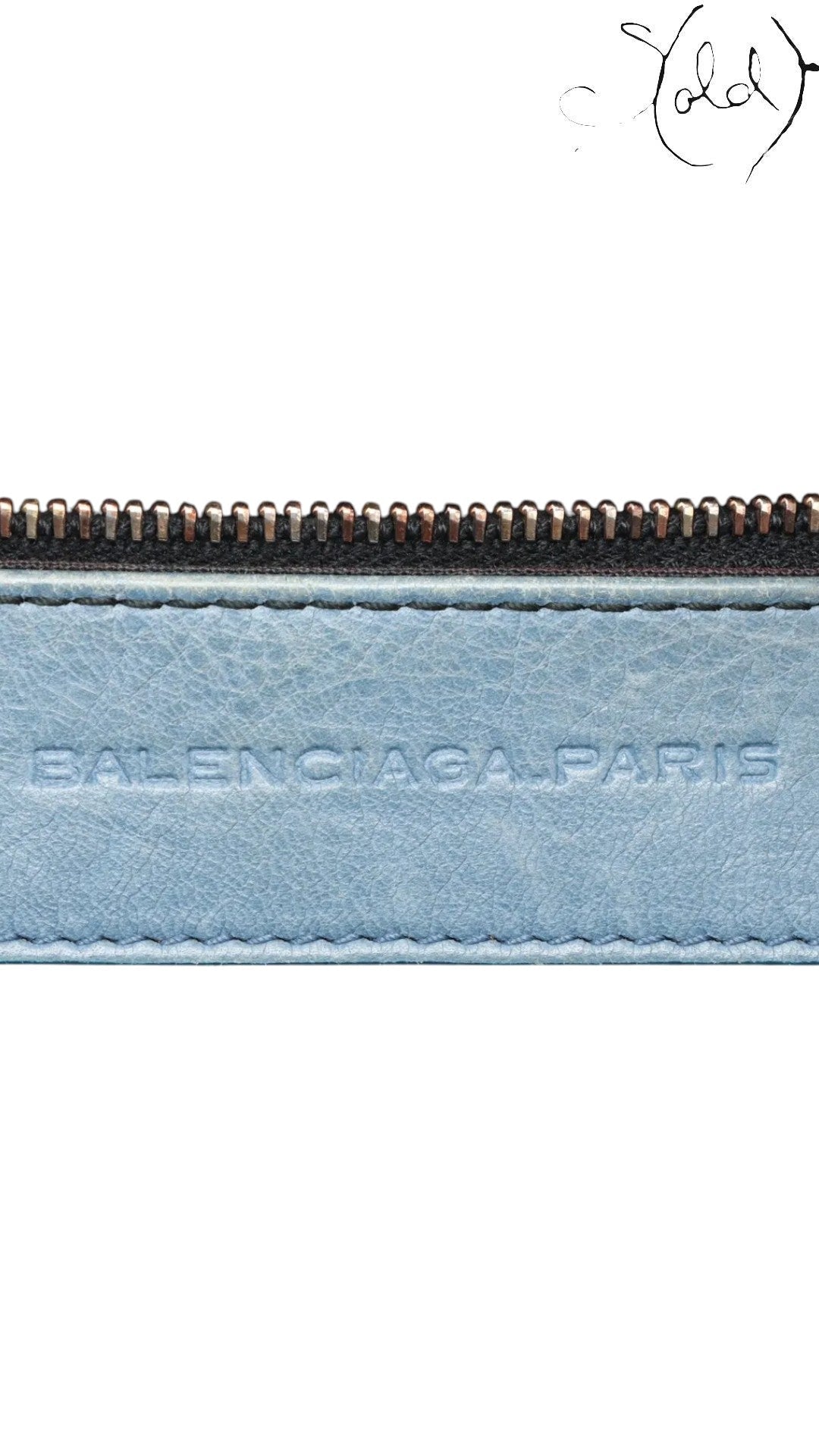 Sold Attire: Balenciaga Part Time Giant 12 bag in Bleu Glacier lambskin with rose gold hardware. Embossed logo.