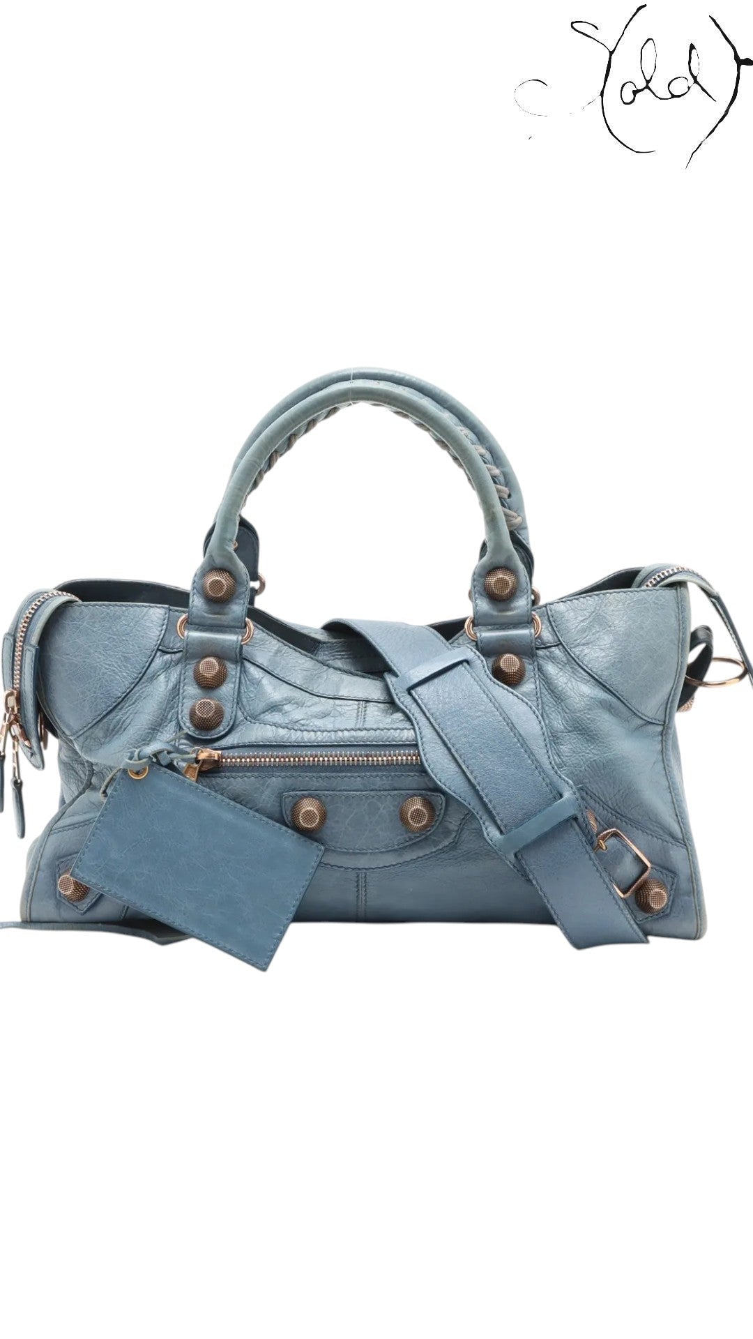 Sold Attire Bleu Glacier lambskin Balenciaga Part Time bag with rose gold hardware and detachable strap.