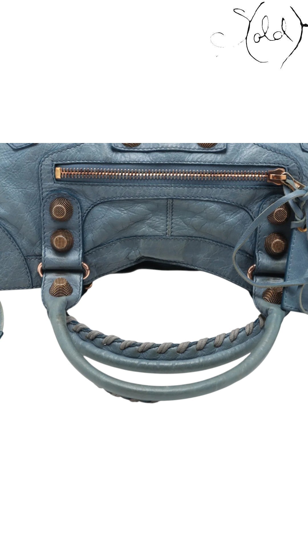 Sold Attire blue glacier lambskin Balenciaga Part Time Giant 12 bag with rose gold hardware and braided handle detail.