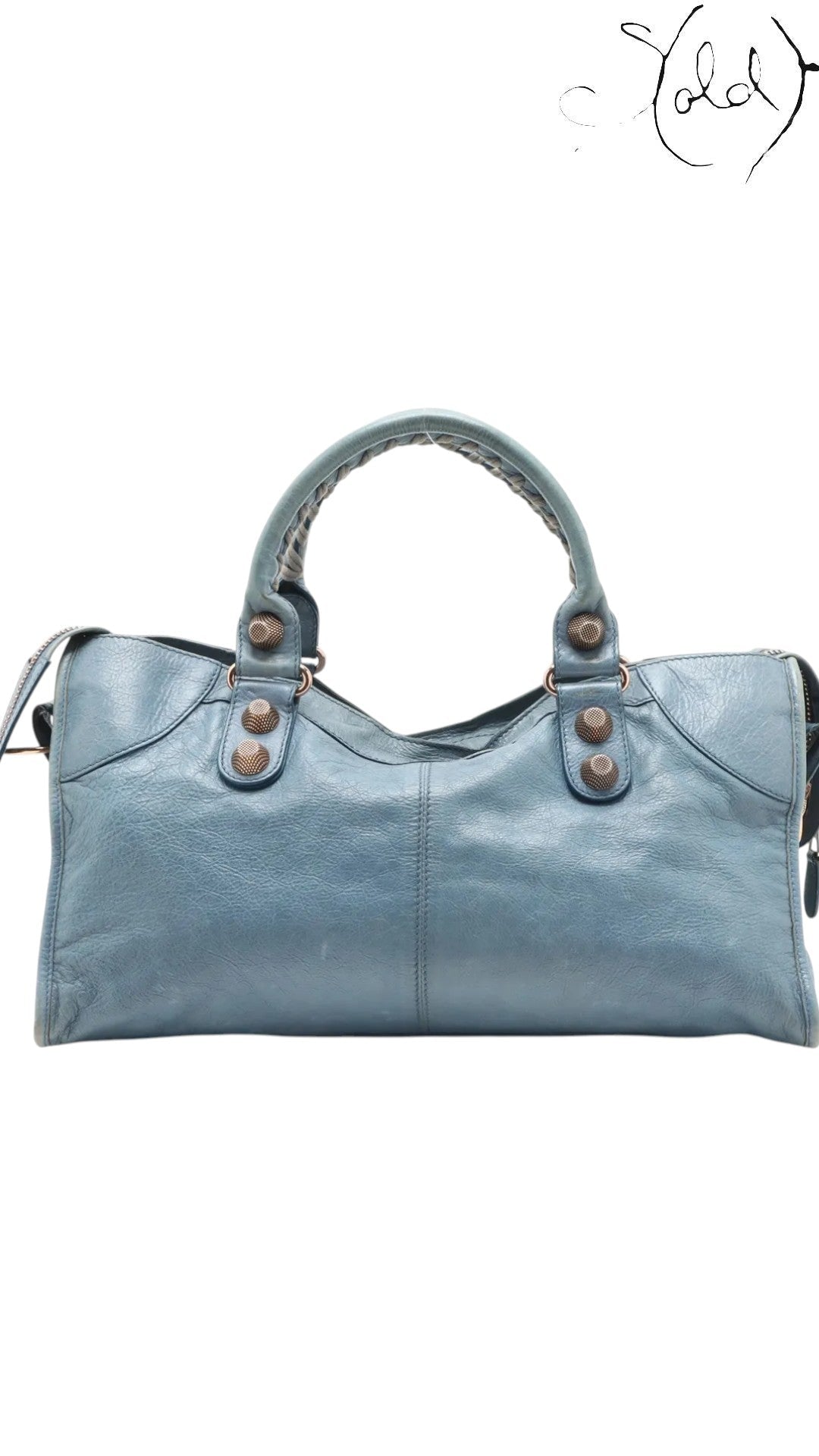 Sold Attire light blue lambskin Balenciaga Part Time Giant 12 bag with rose gold hardware and braided handles.