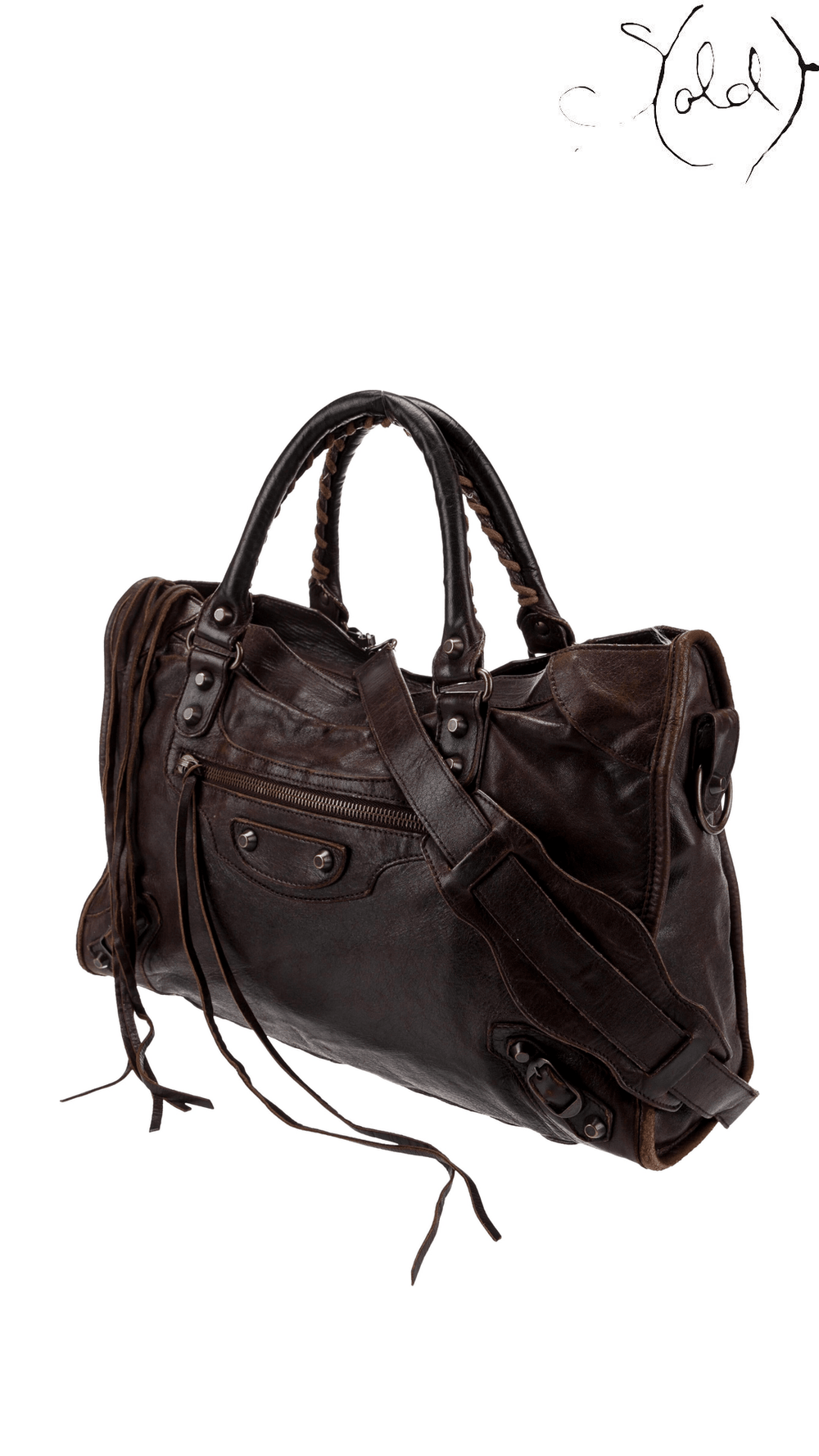 Balenciaga Vintage Brown Leather Motorcycle Shoulder Bag, side angle whole bag