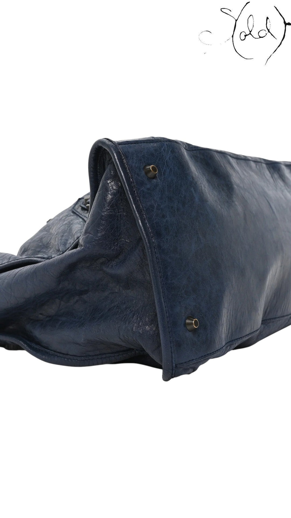 Sold Attire navy blue lambskin Balenciaga Classic Hardware Work bag with aged brass hardware and rolled handles.