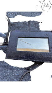 Sold Attire dark navy blue lambskin Balenciaga Classic Hardware Work bag with aged brass details and cracked mirror.