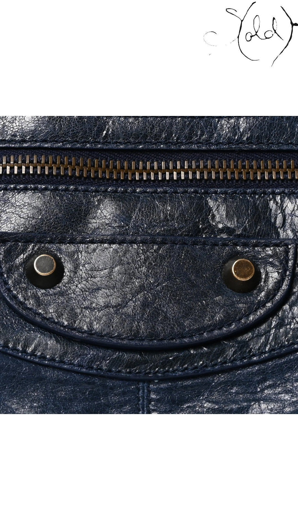 Sold Attire navy blue lambskin Balenciaga Classic Hardware Work bag with aged brass zipper and studs.