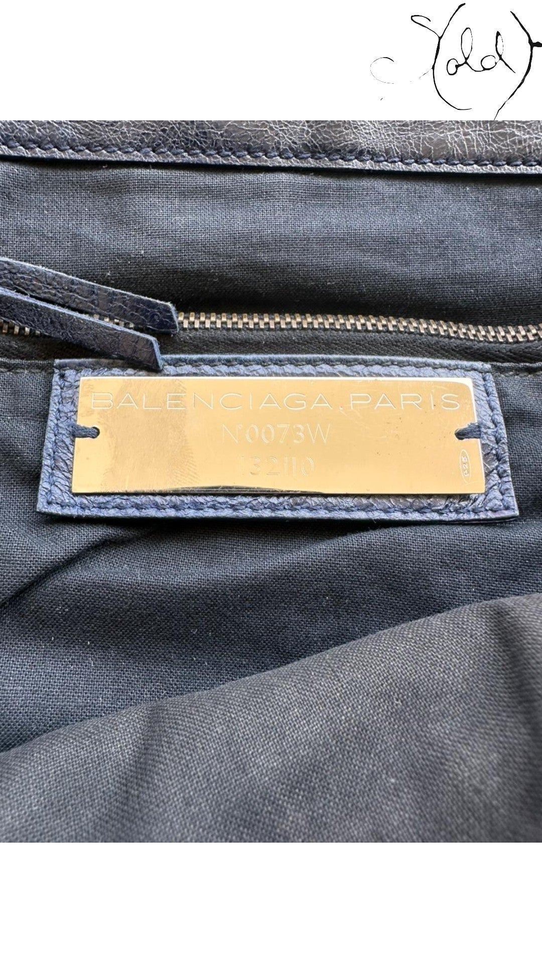 Sold Attire Balenciaga Classic Hardware Work bag in Bleu Obscur lambskin with aged brass hardware and interior label.