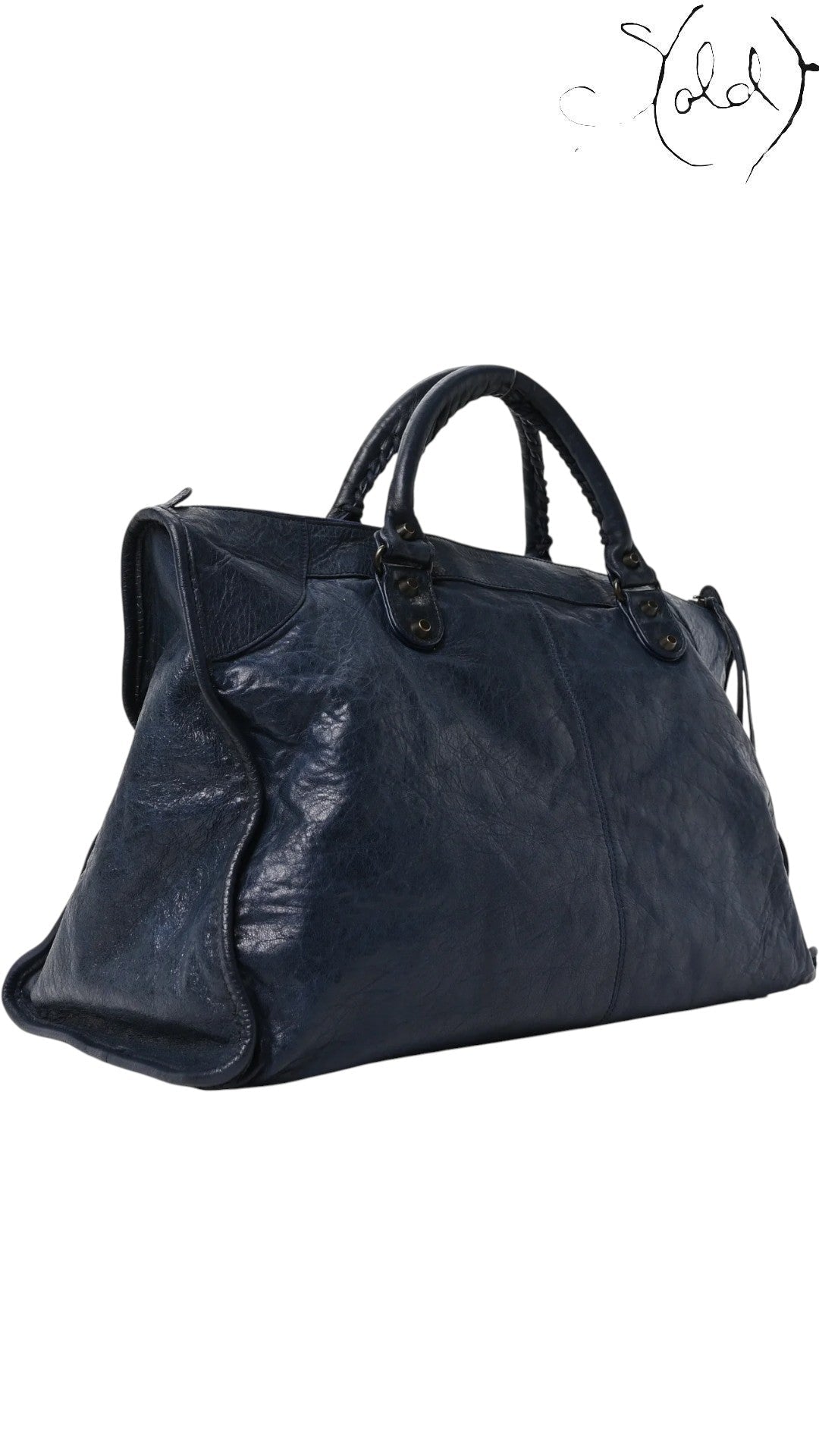 Sold Attire navy blue lambskin Balenciaga Classic Hardware Work bag with aged brass hardware and rolled handles.