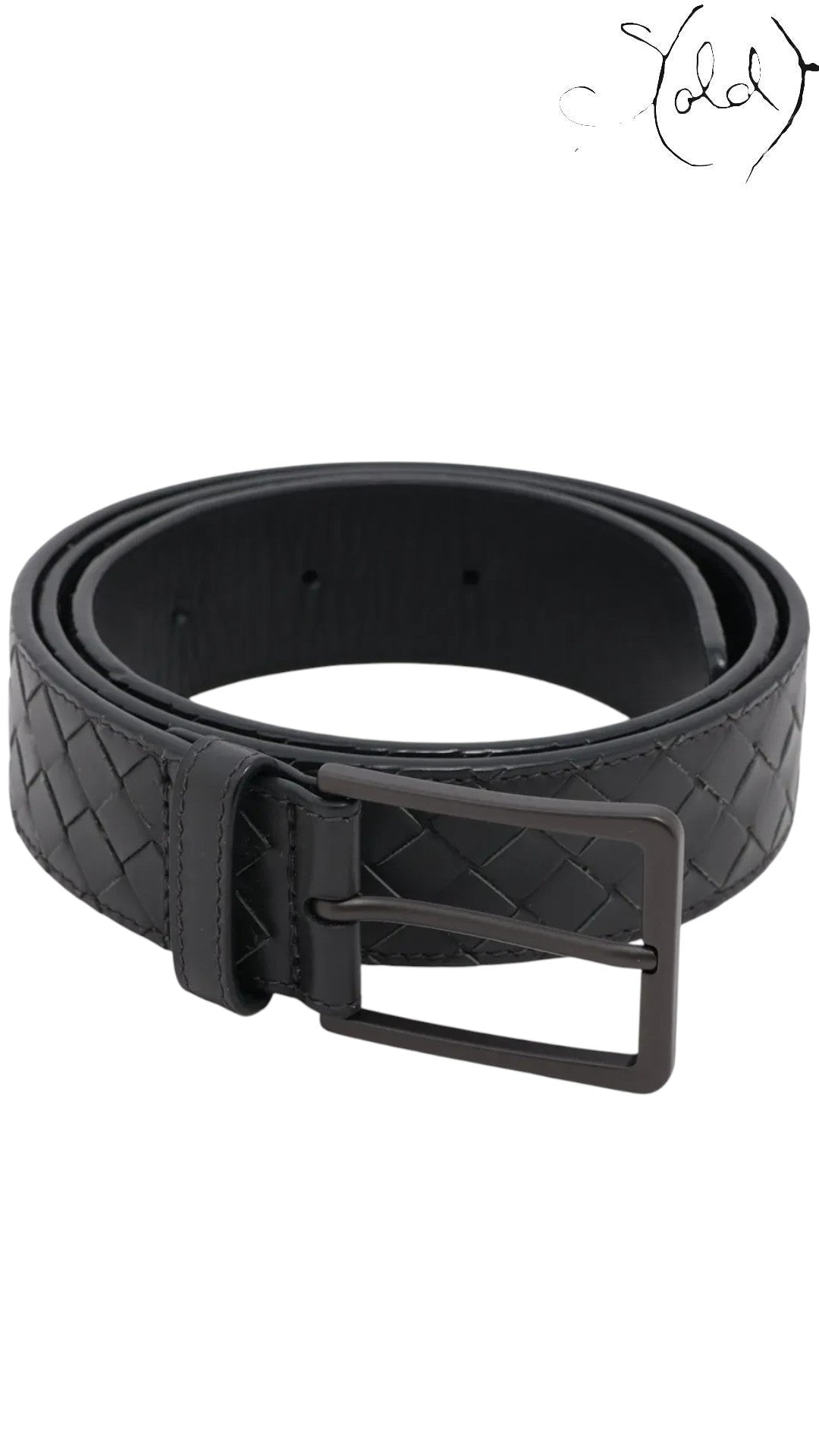Sold Attire Bottega Veneta black Intrecciato woven leather belt with a classic single-prong buckle.