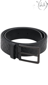 Sold Attire Bottega Veneta black Intrecciato woven leather belt with a classic single-prong buckle.
