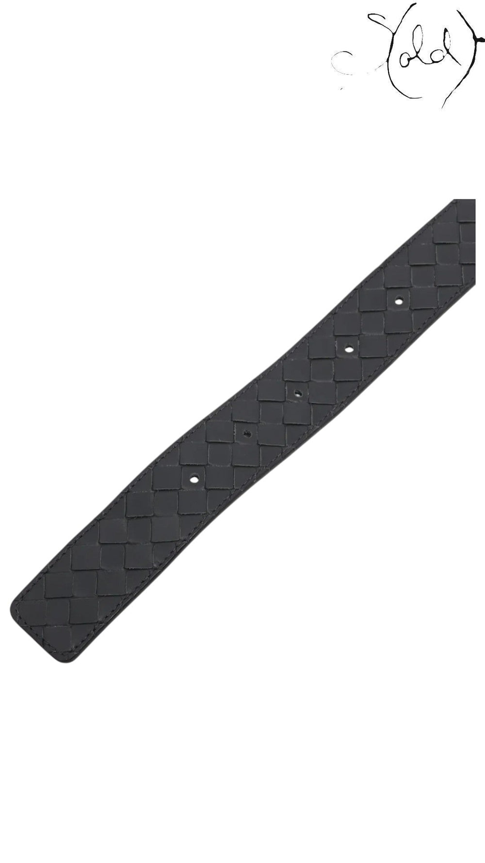 Sold Attire Bottega Veneta black Intrecciato woven leather belt with visible belt holes on a neutral background.