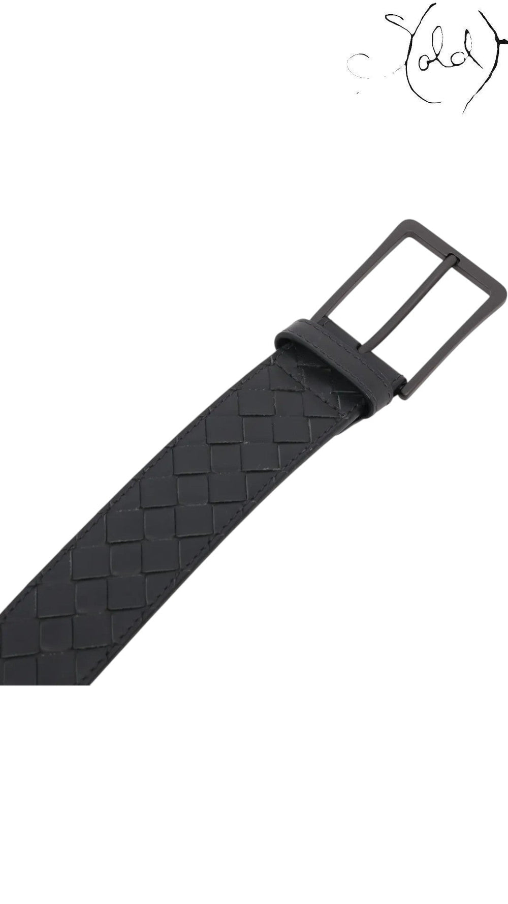 Sold Attire Bottega Veneta black Intrecciato woven leather belt with a gold-tone single-prong buckle.