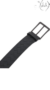 Sold Attire Bottega Veneta black Intrecciato woven leather belt with a gold-tone single-prong buckle.