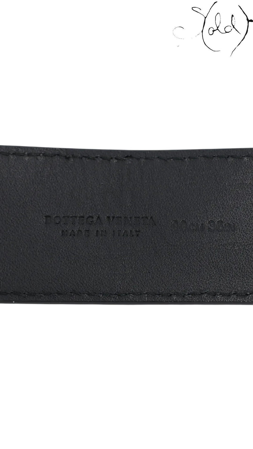Sold Attire Bottega Veneta black leather belt interior showing the embossed logo and Made in Italy stamp