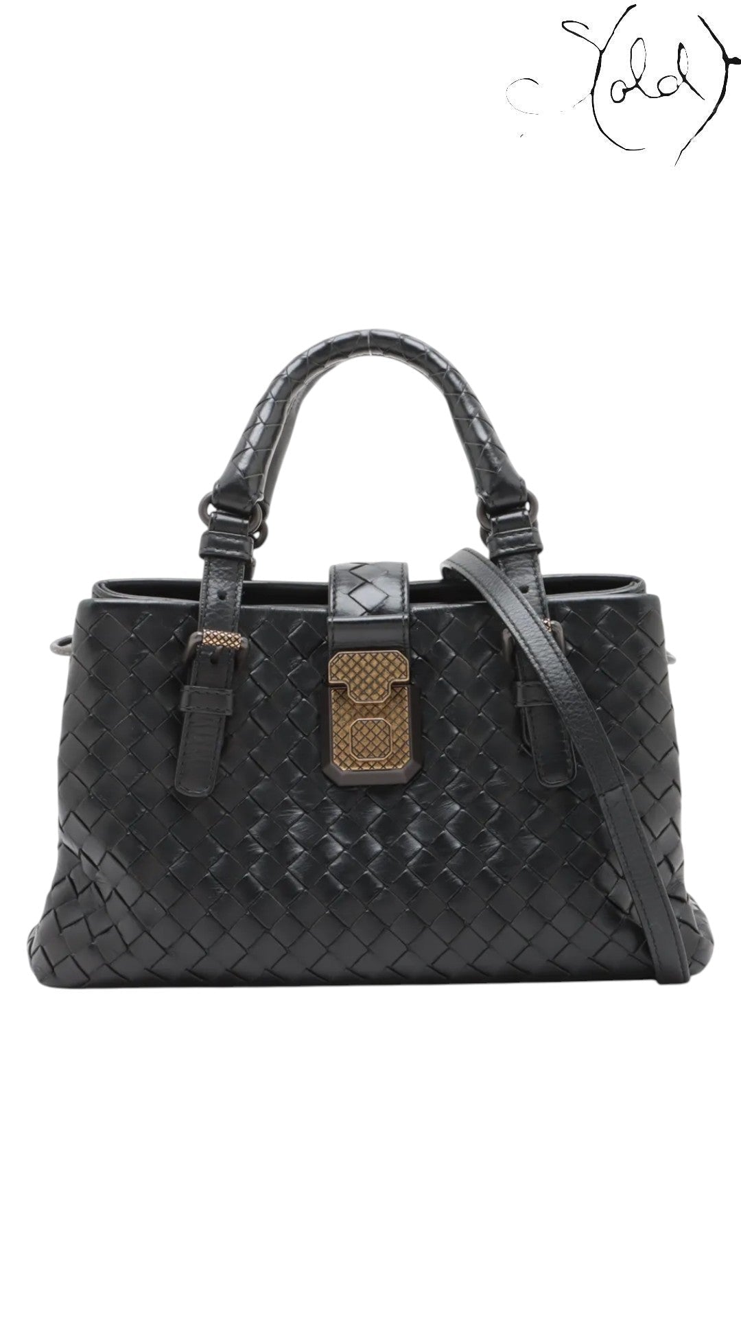 Sold Attire black Bottega Veneta Roma Intrecciato nappa leather 2-way handbag with brushed silver hardware and lock detail.