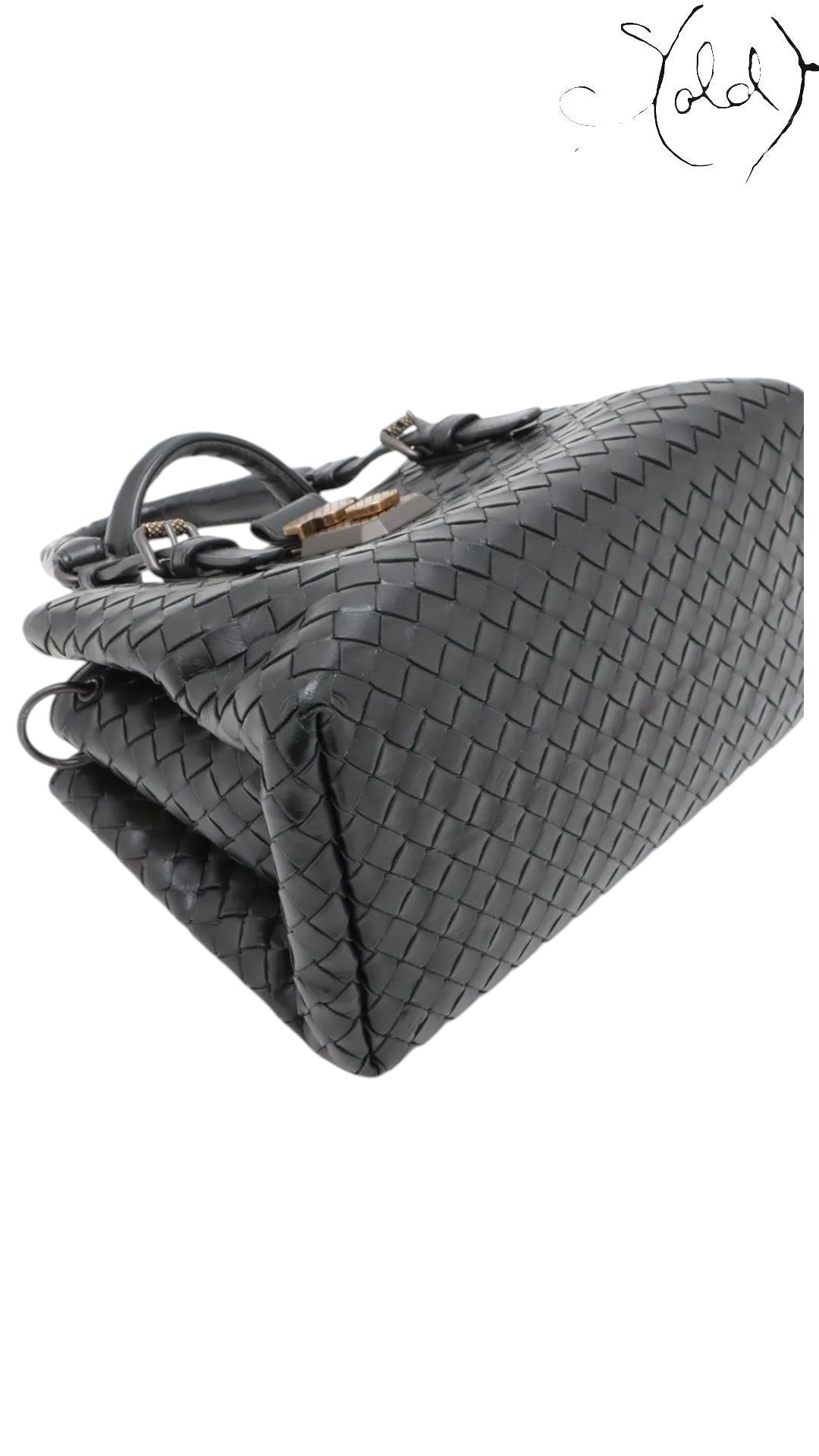 Sold Attire black Bottega Veneta Roma Intrecciato nappa leather 2-way handbag with brushed silver hardware and lock detail.