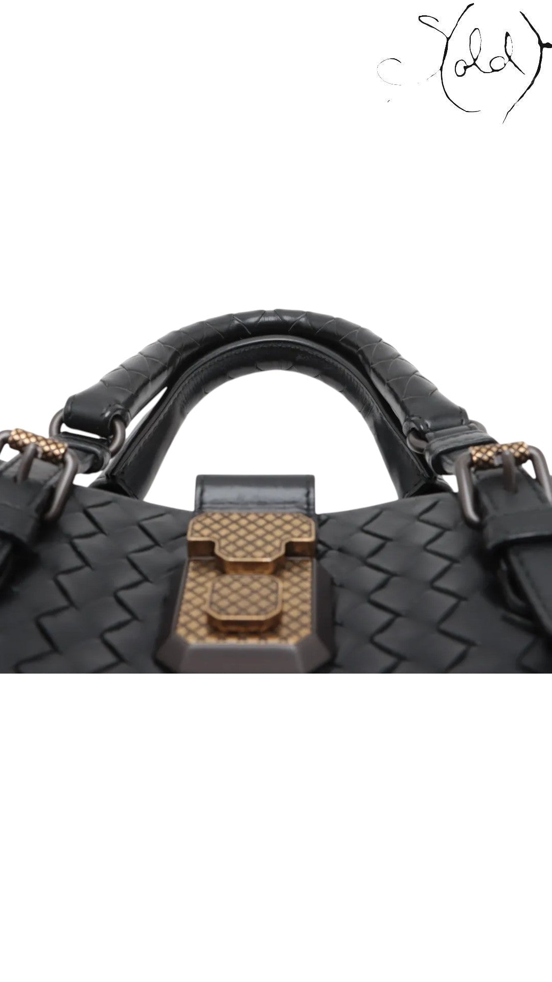 Sold Attire black Bottega Veneta Roma Intrecciato nappa leather 2-way handbag with brushed silver hardware and lock detail.