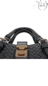 Sold Attire black Bottega Veneta Roma Intrecciato nappa leather 2-way handbag with brushed silver hardware and lock detail.