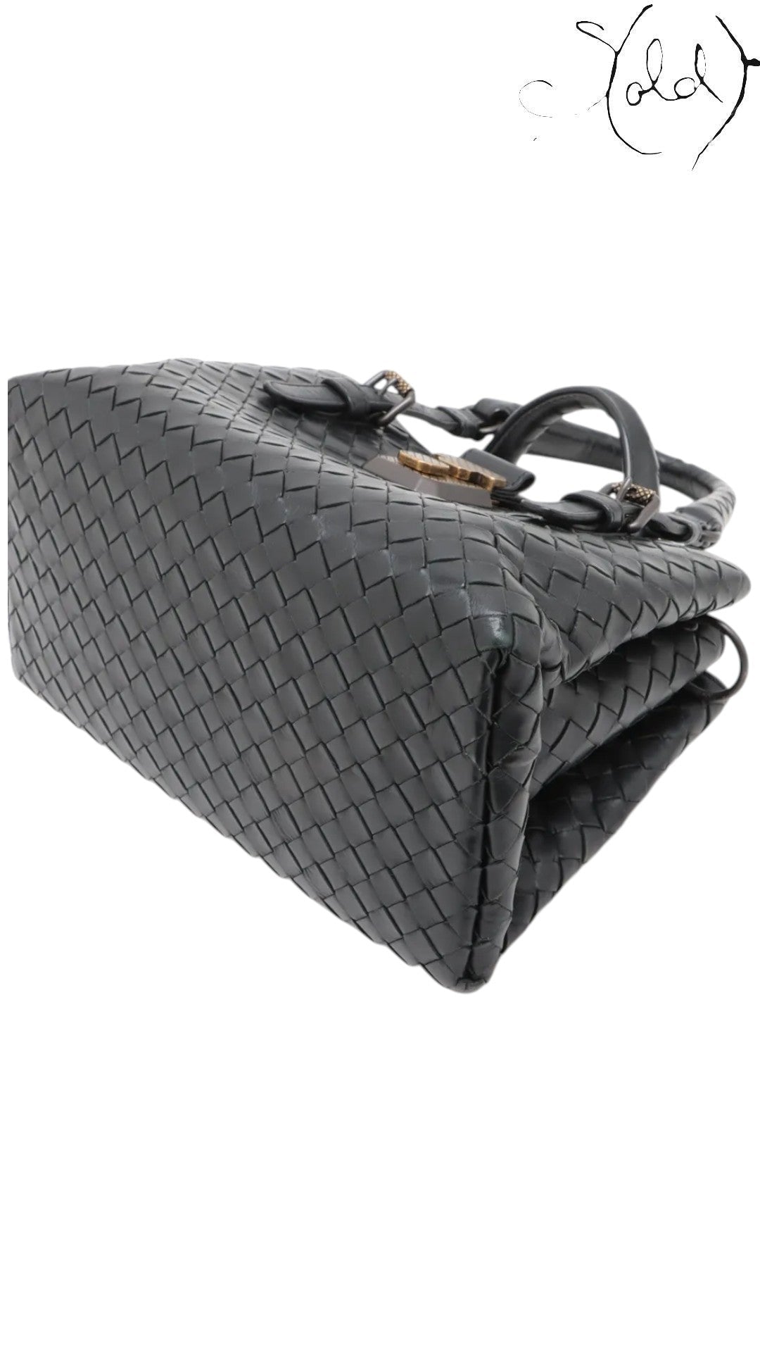 Sold Attire black Bottega Veneta Roma Intrecciato nappa leather 2-way handbag with brushed silver hardware and lock detail.