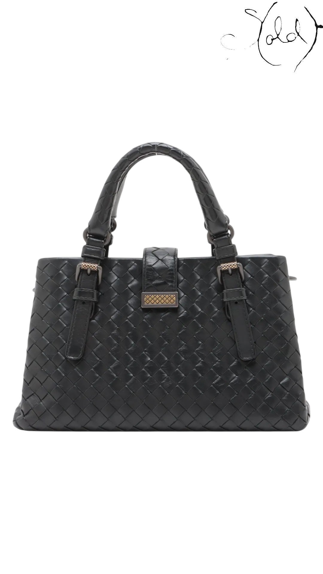 Sold Attire black woven nappa leather Bottega Veneta Roma 2-way handbag with brushed silver hardware and top handles.