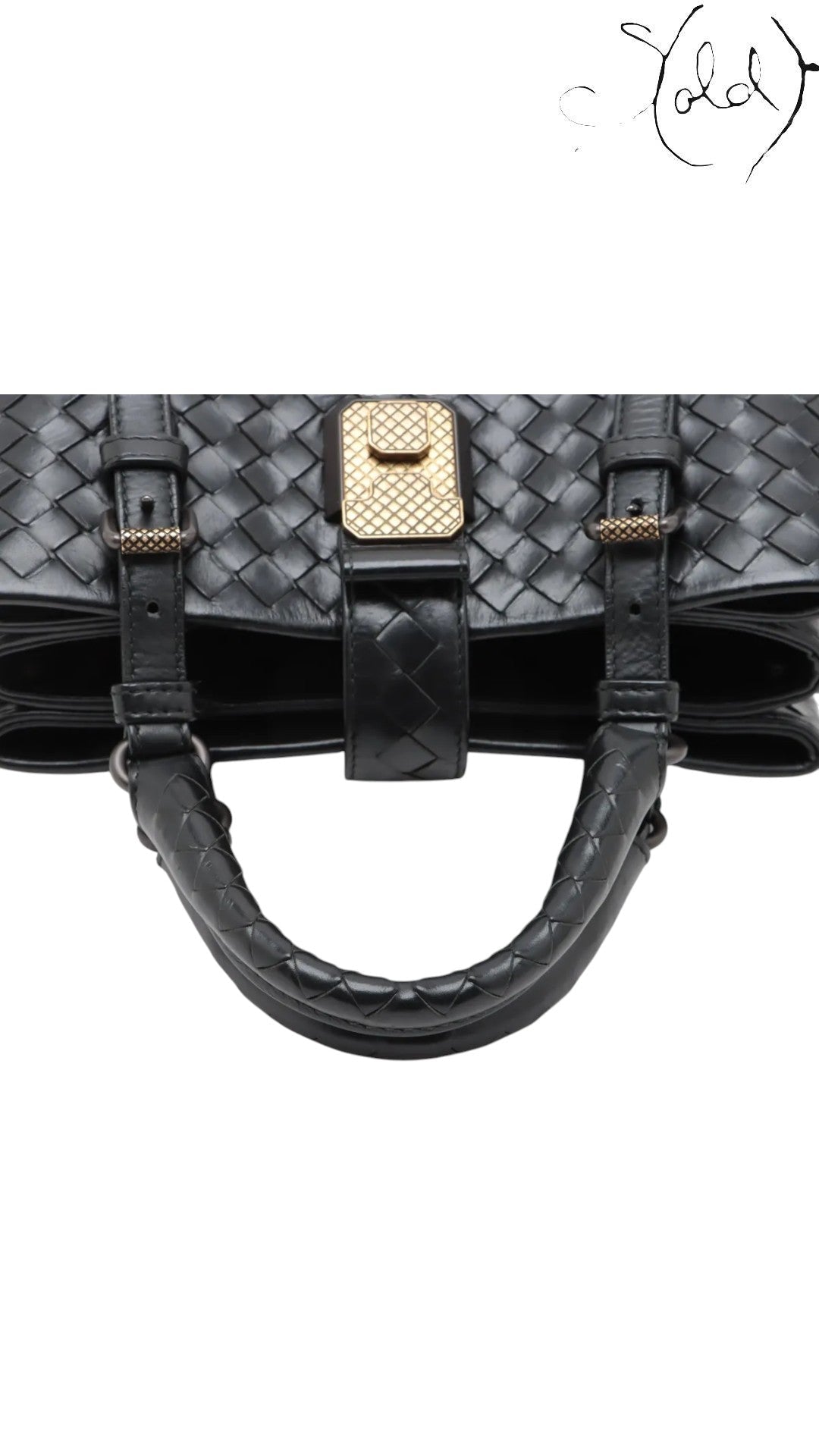 Sold Attire black woven nappa leather Bottega Veneta Roma 2-way handbag with gold-tone hardware and top handle.