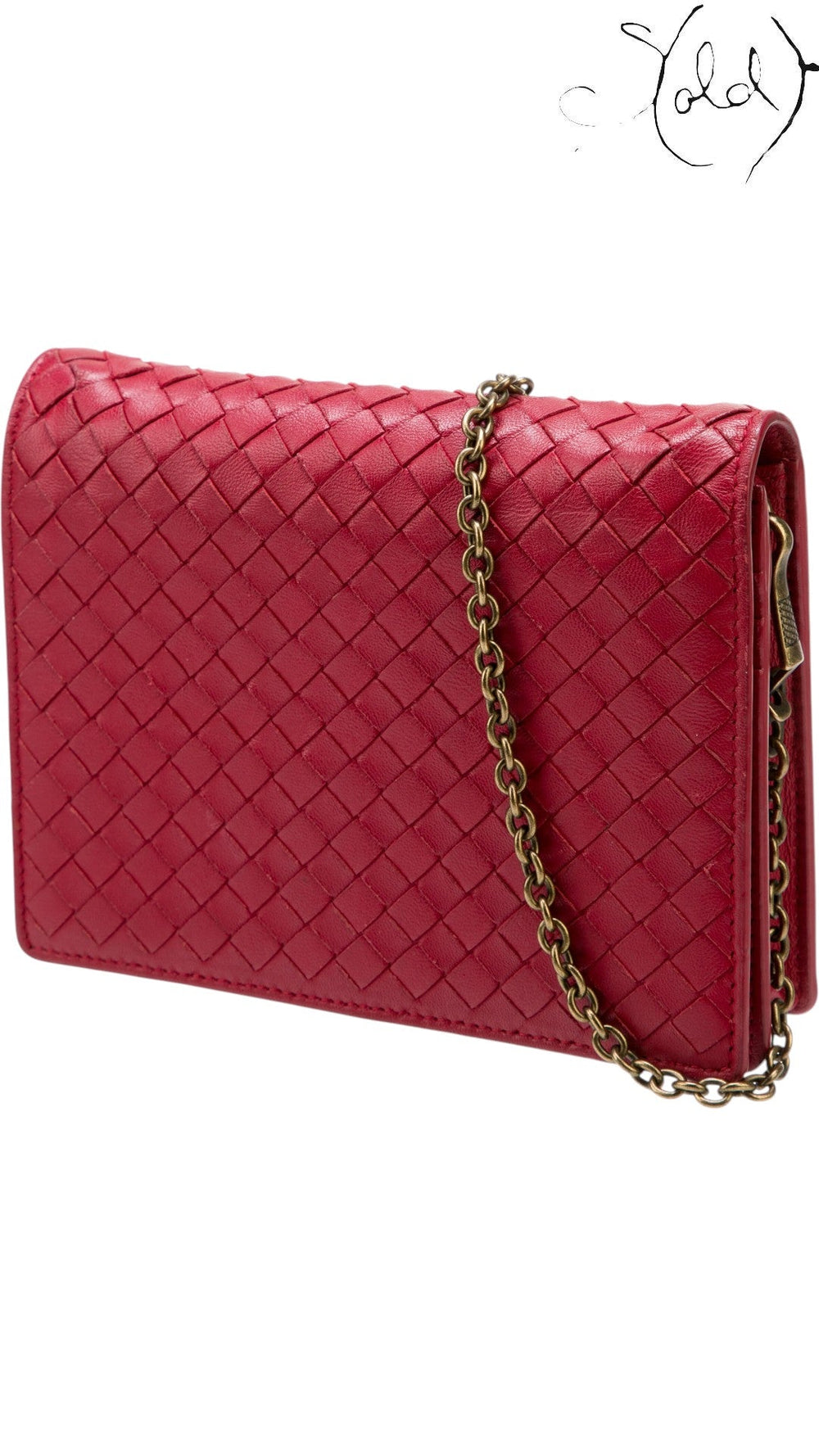 Sold Attire Bottega Veneta red Intrecciato leather wallet on chain with antiqued gold-tone chain strap