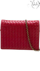 Sold Attire red Bottega Veneta Intrecciato leather wallet on chain with antiqued gold-tone shoulder strap.