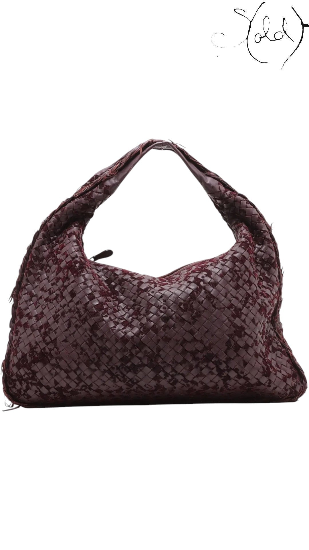 Sold Attire Bottega Veneta burgundy Intrecciato woven suede and leather hobo bag with fringe-textured edges.