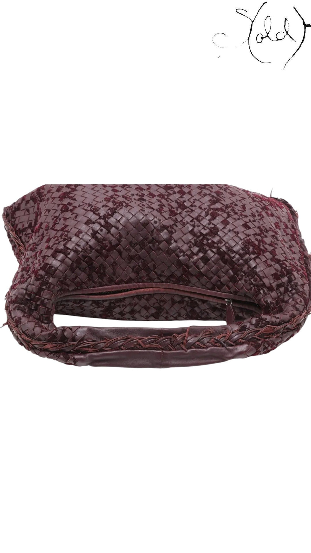 Sold Attire Bottega Veneta burgundy Velours Veneta hobo bag featuring signature Intrecciato woven suede and leather.