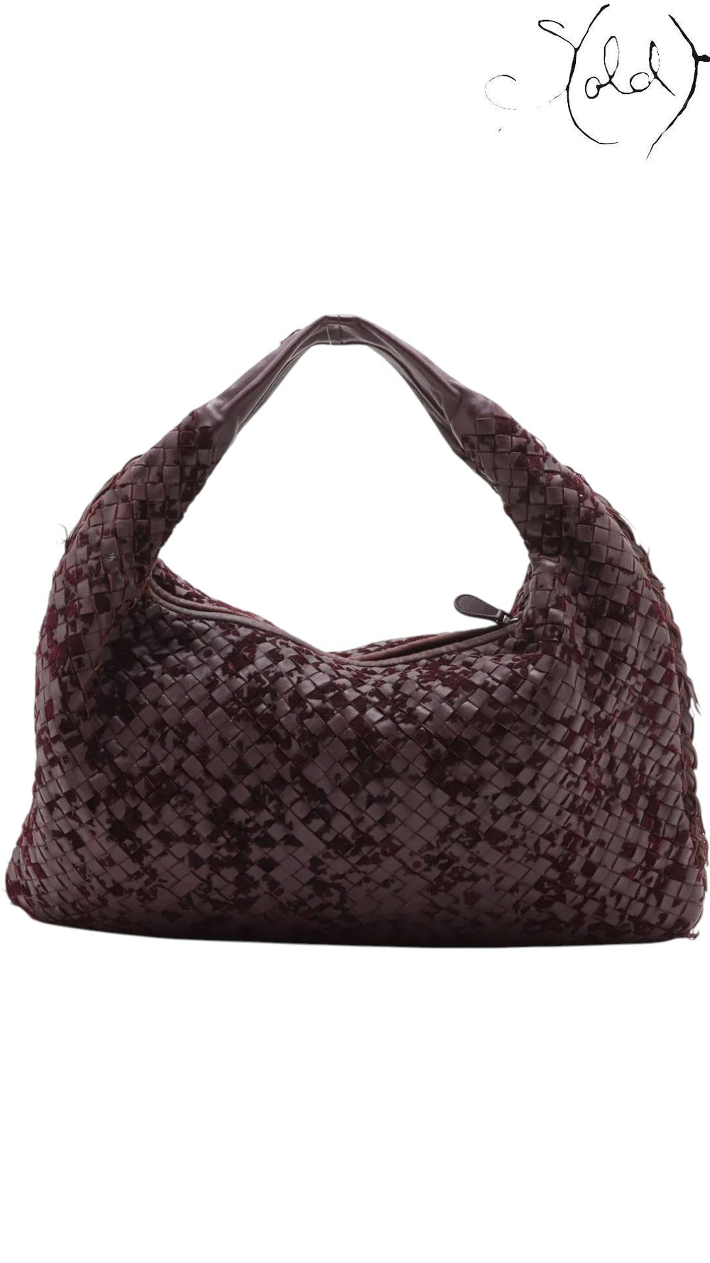 Sold Attire Bottega Veneta burgundy Intrecciato woven suede and leather hobo bag with fringe-textured edges.