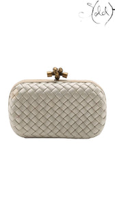 Bottega Veneta Knot Clutch Gold Silk Brass Hardware 2018, Close-up | Sold Attire