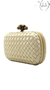 Bottega Veneta Knot Clutch Gold Silk Brass Hardware 2018, Base view | Sold Attire
