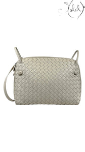 Sold Attire taupe nappa leather Bottega Veneta Nodini crossbody bag with signature Intrecciato weave and knot details.