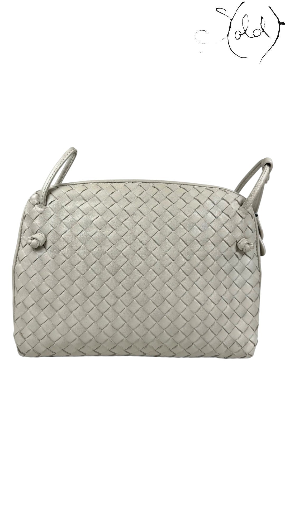 Sold Attire taupe nappa leather Bottega Veneta Nodini crossbody bag with signature Intrecciato weave.