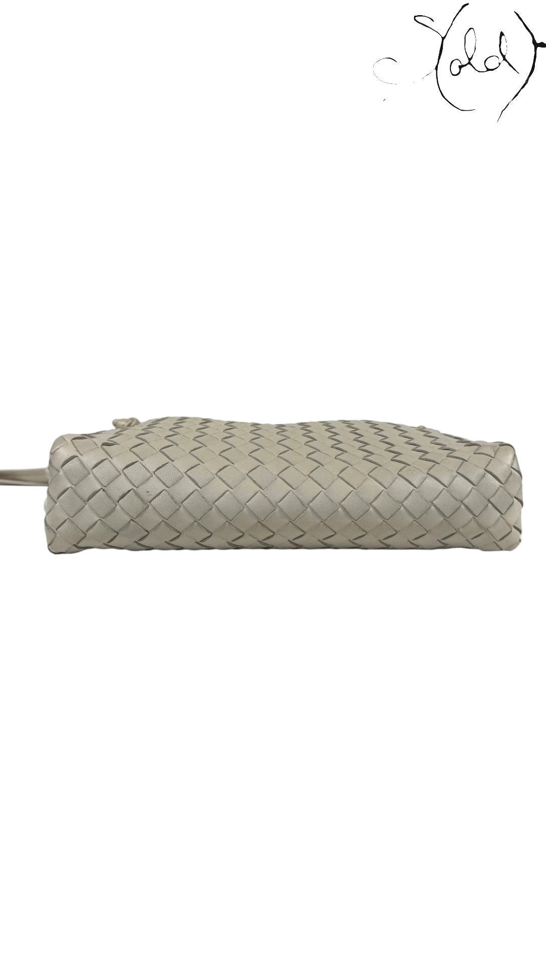 Sold Attire taupe nappa leather Bottega Veneta Nodini crossbody bag with Intrecciato weave.