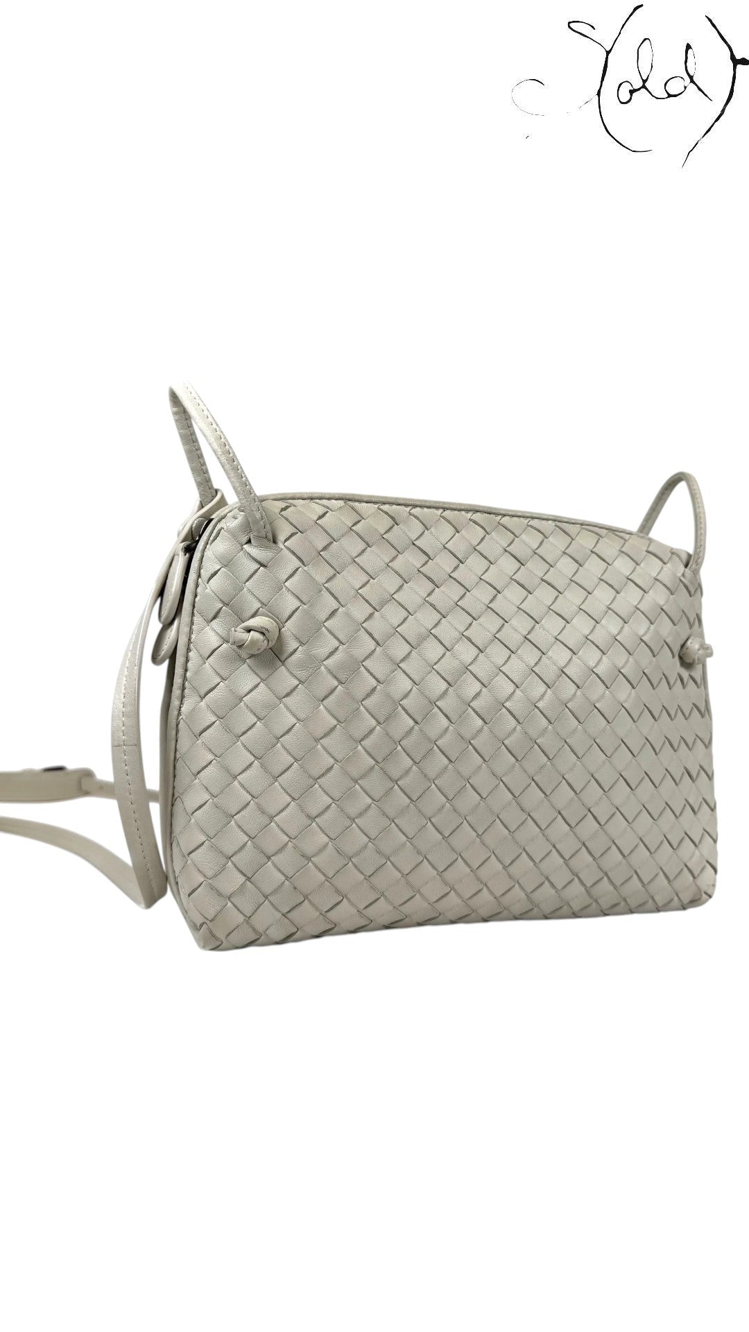 Sold Attire taupe nappa leather Bottega Veneta Nodini crossbody bag with signature Intrecciato weave.