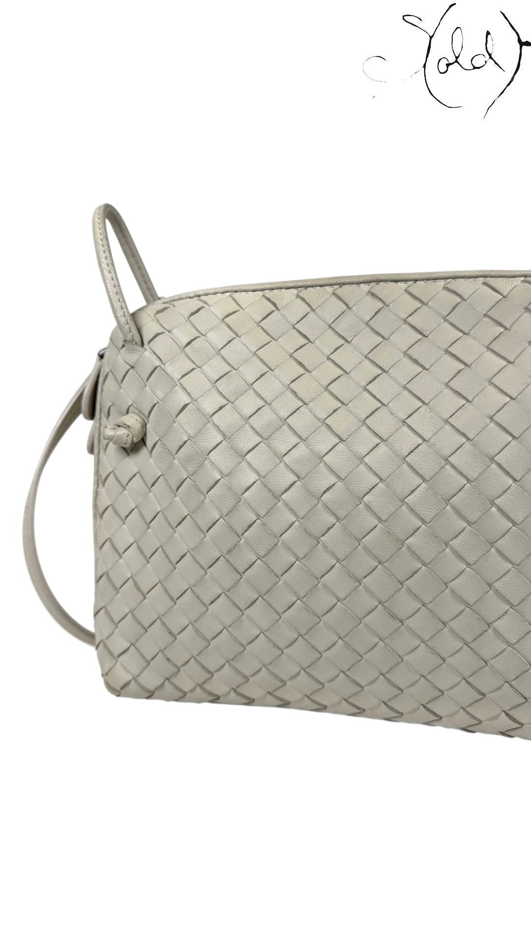 Sold Attire taupe nappa leather Bottega Veneta Nodini crossbody bag with signature Intrecciato weave.