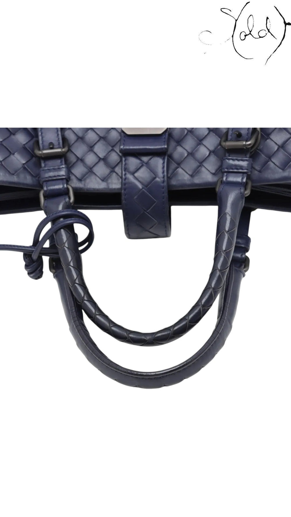 Sold Attire navy blue calfskin Bottega Veneta Roma small intrecciato 2-way bag with braided handles and gold-tone hardware.