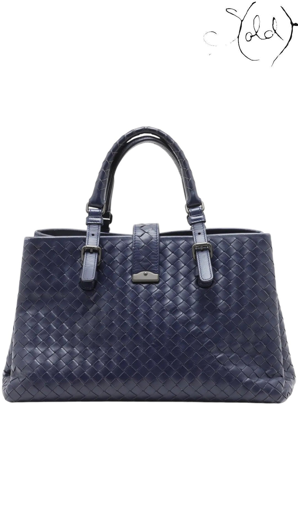 Sold Attire Bottega Veneta Roma Small navy blue calfskin intrecciato 2-way bag with twin top handles and a central buckle closure.