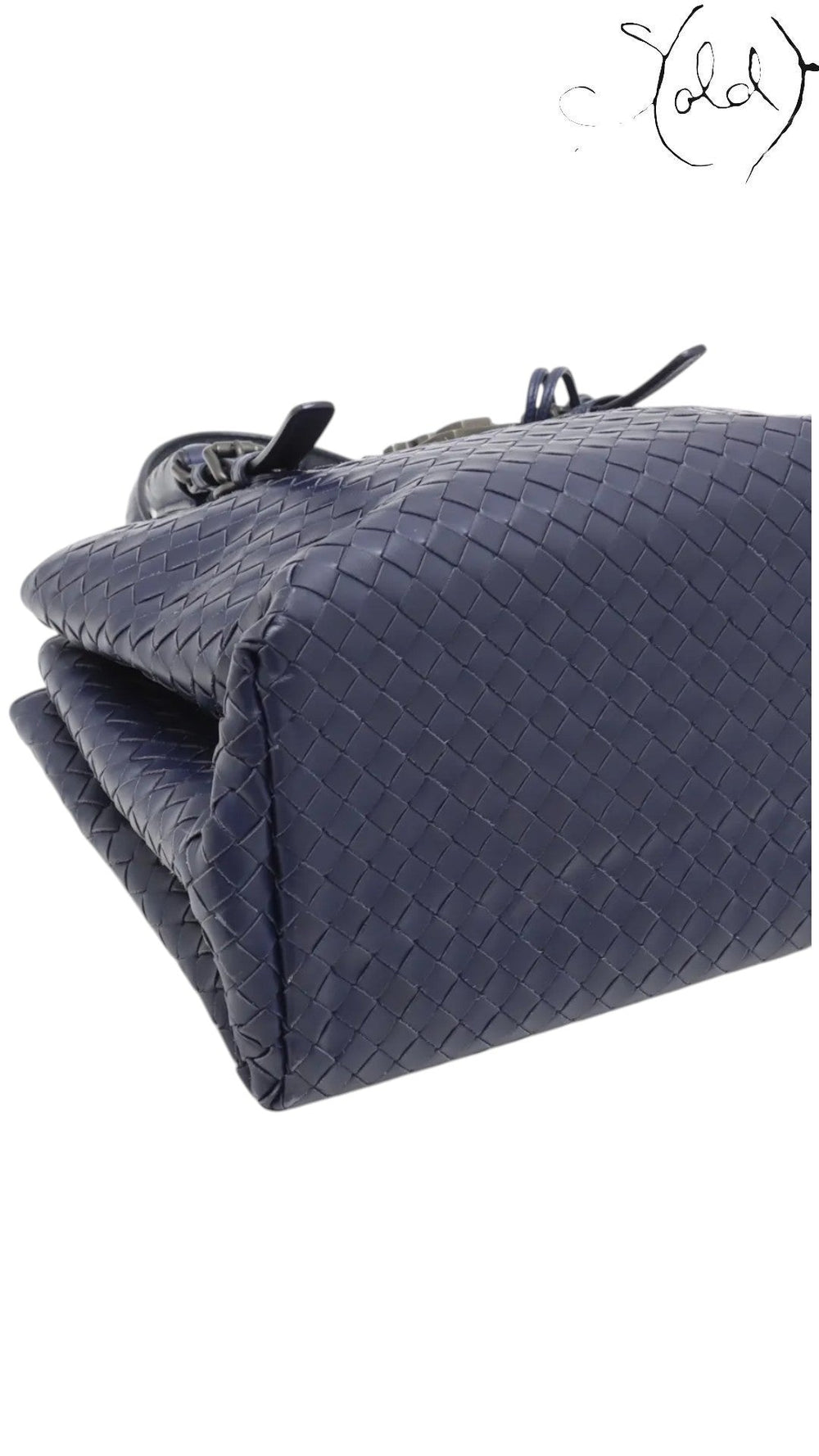 Sold Attire Bottega Veneta Roma small navy blue calfskin intrecciato 2-way bag, woven leather.