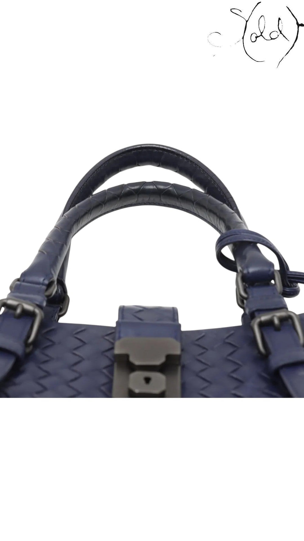 Sold Attire navy blue calfskin Bottega Veneta Roma small intrecciato 2-way bag with top handles and buckle closure.