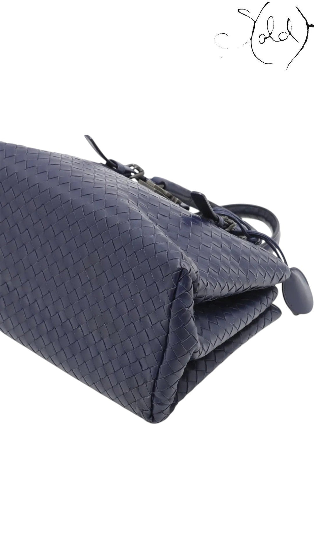 Sold Attire navy blue calfskin Bottega Veneta Roma small intrecciato 2-way bag with signature weave detail.