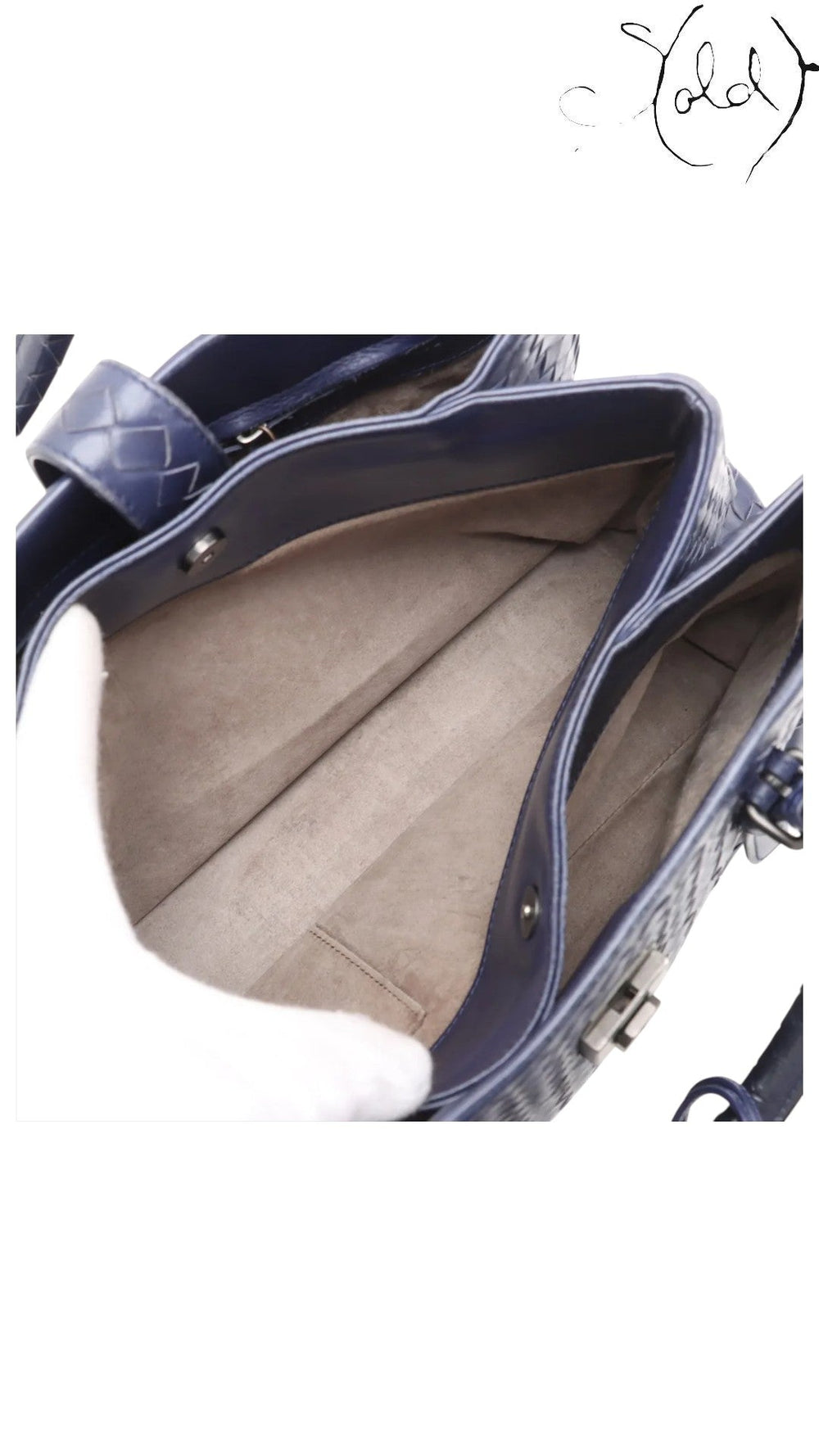 Sold Attire navy blue calfskin Bottega Veneta Roma small intrecciato 2-way bag interior with suede lining and gold-tone hardware.