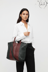 Bottega Veneta Intrecciato Colorblock Tote Burgundy Green, Close-up | Sold Attire