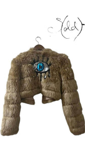 Camel Faux Fur Cropped Jacket - Eye Detail, Back view | Sold Attire