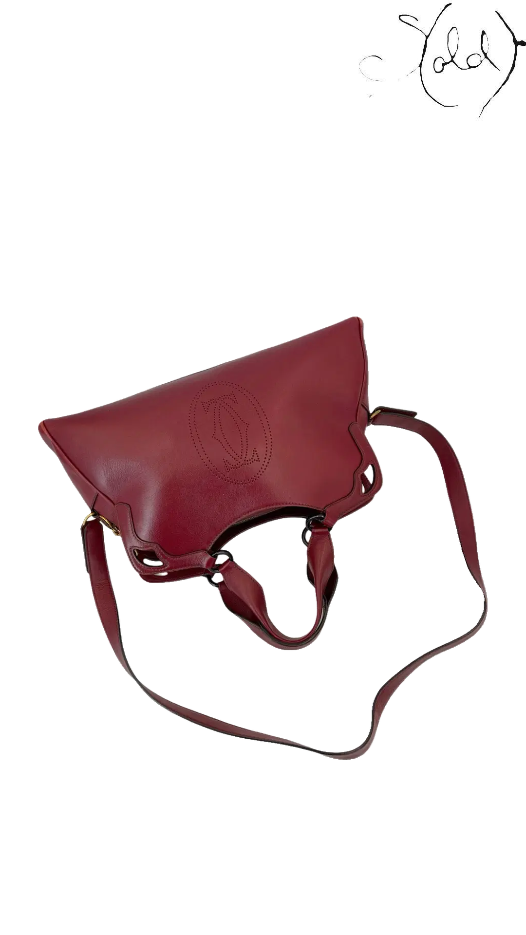 Cartier Marcello Burgundy Leather Handbag, angled leather detail