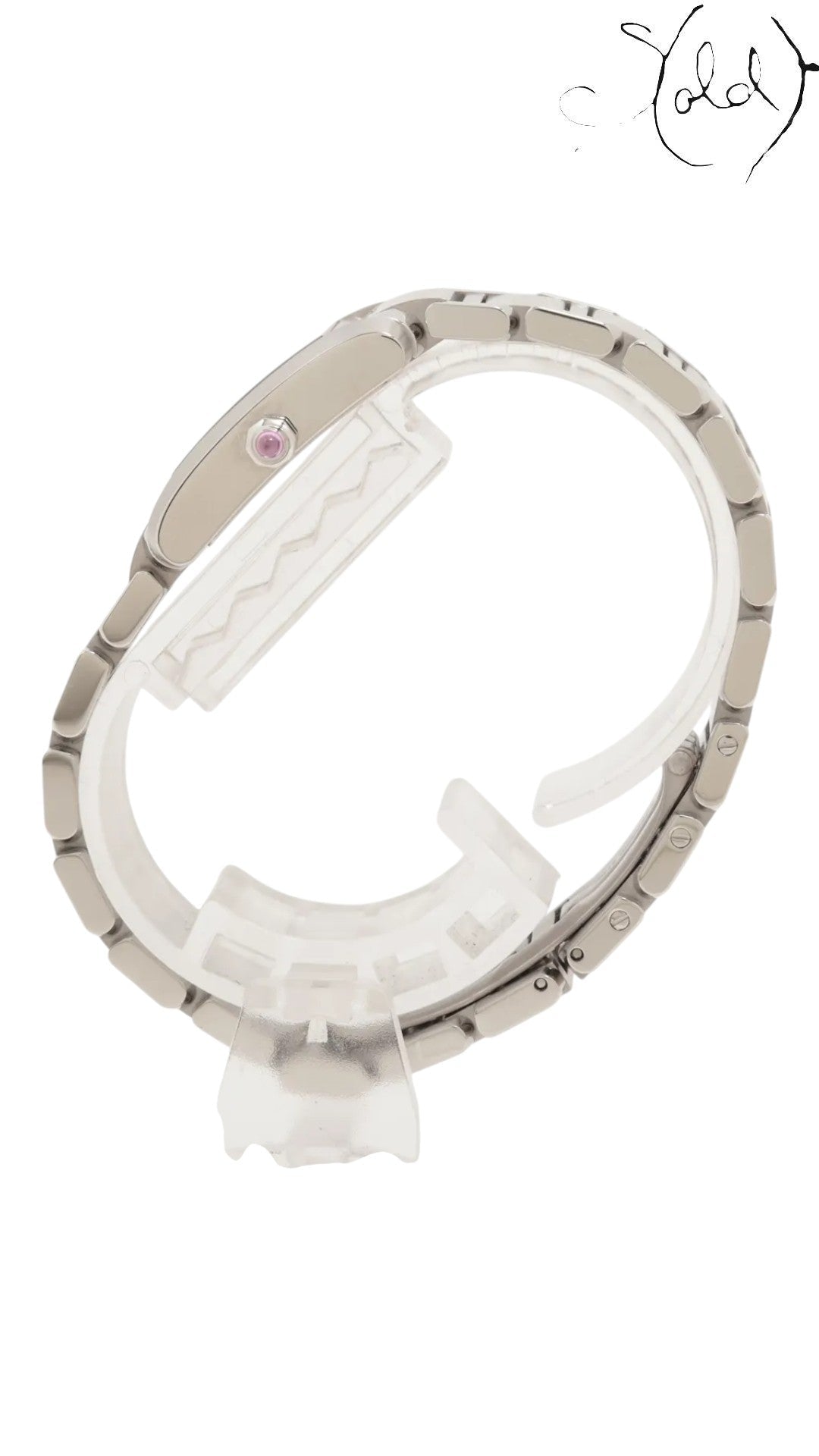 Sold Attire Cartier Tank Française small steel watch with pink mother of pearl dial and pink sapphire cabochon crown.