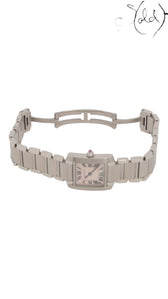 Sold Attire Cartier Tank Française small steel watch with pink mother of pearl dial and Roman numerals. Features blued steel hands and a pink sapphire cabochon crown.