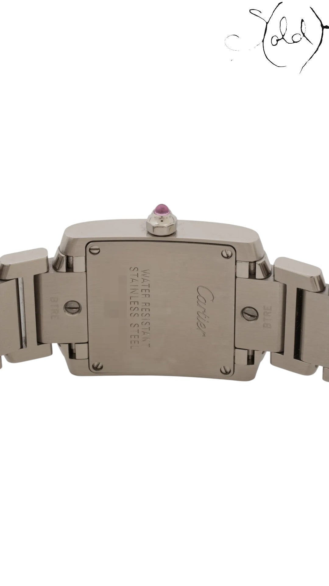 Sold Attire stainless steel Cartier Tank Française watch with pink mother of pearl dial and pink sapphire cabochon crown.