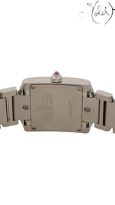 Sold Attire stainless steel Cartier Tank Française watch with pink mother of pearl dial and pink sapphire cabochon crown.