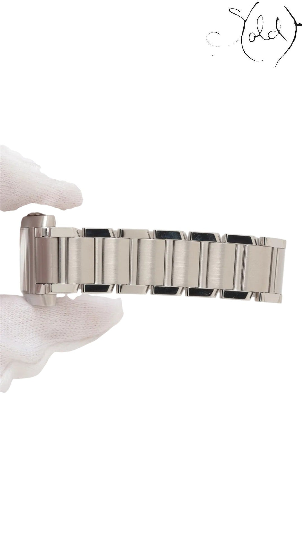 Sold Attire Cartier Tank Française small steel watch with pink mother of pearl dial and integrated bracelet.