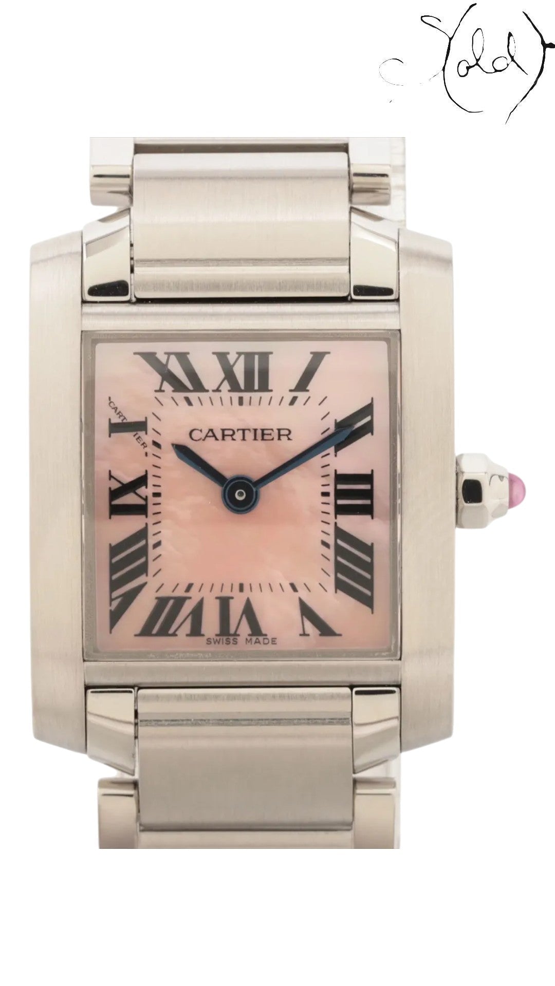 Sold Attire Cartier Tank Française small steel watch with pink mother of pearl dial and Roman numerals.